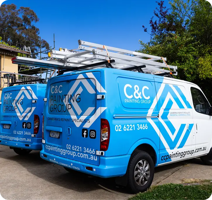 C&C Painting Group branded vans parked, showcasing painting services in Yarralumla, featuring contact information and service specialties.