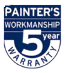 Painter's workmanship warranty logo featuring a blue circular design with "5 Year Warranty" prominently displayed, emphasizing quality assurance in painting services.